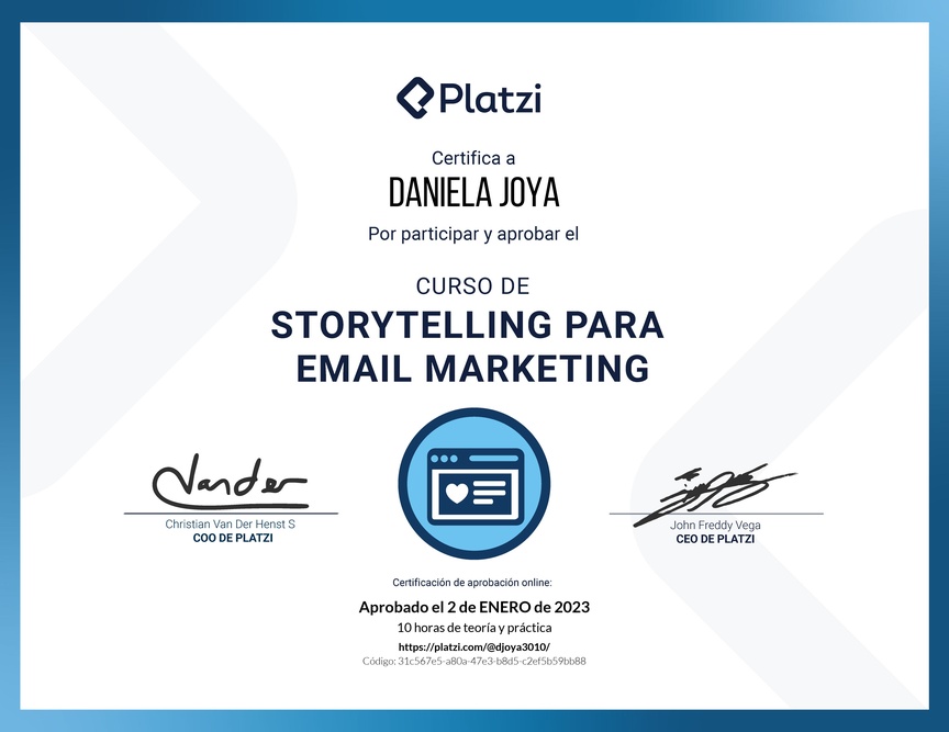 Diploma del Curso de Técnicas de Storytelling en Email Marketing
