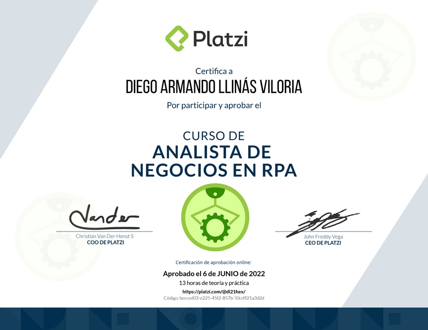 Diploma del Curso de Business Analyst para RPA