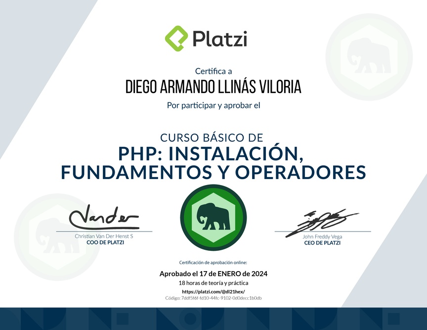 Diploma del Curso Básico de PHP: Instalación, Fundamentos y Operadores