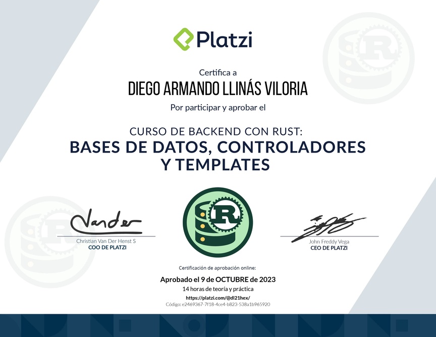Diploma del Curso de Backend con Rust: Bases de Datos, Controladores y Templates