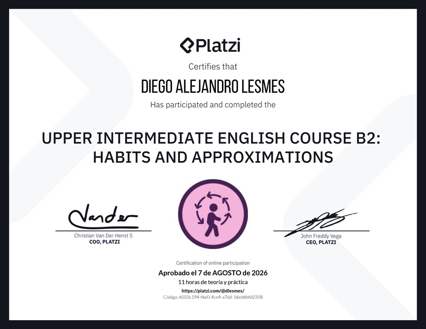 Diploma del Curso de Inglés Intermedio Alto B2: Hábitos y Aproximaciones