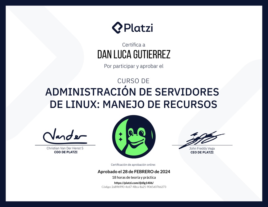 Diploma del Curso de Administración de Servidores Linux: Manejo de Recursos