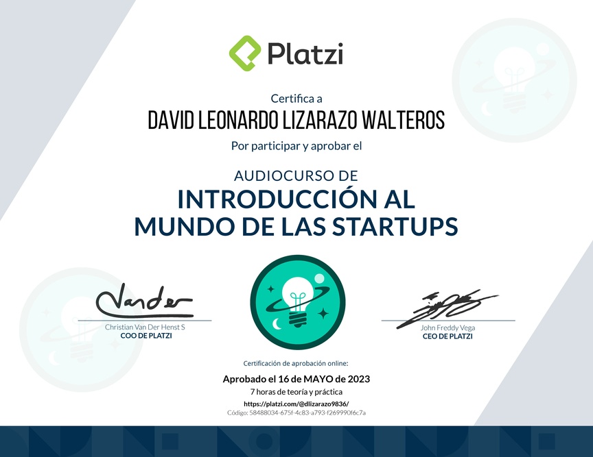 Diploma de Audiocurso de Introducción al Mundo de las Startups