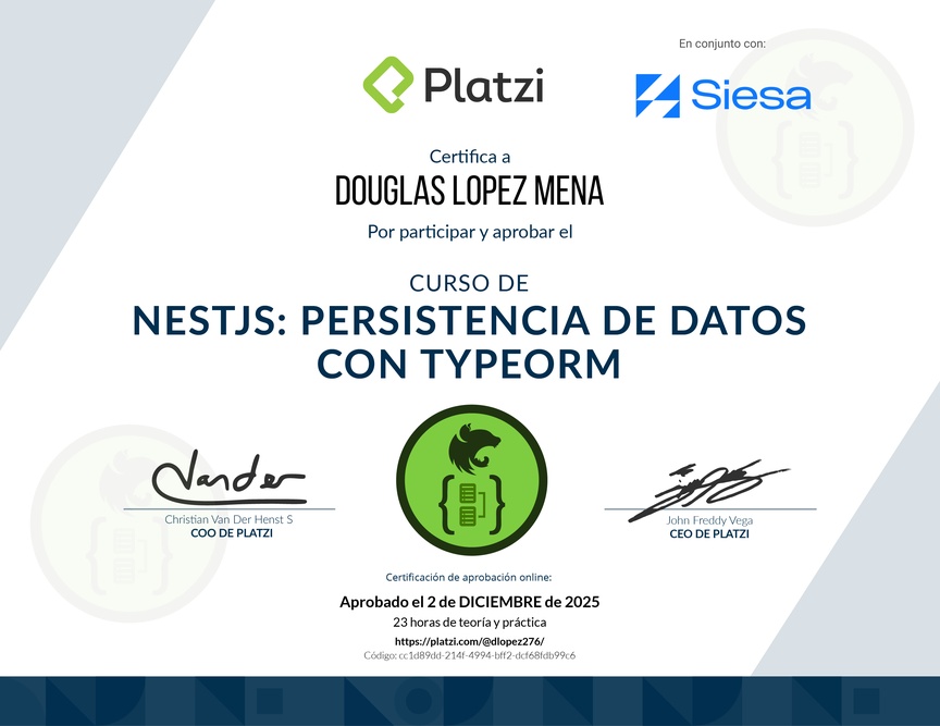 Diploma del Curso de NestJS: Persistencia de Datos con TypeORM