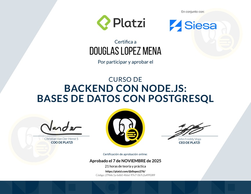 Diploma del Curso de Backend con Node.js: Base de Datos con PostgreSQL