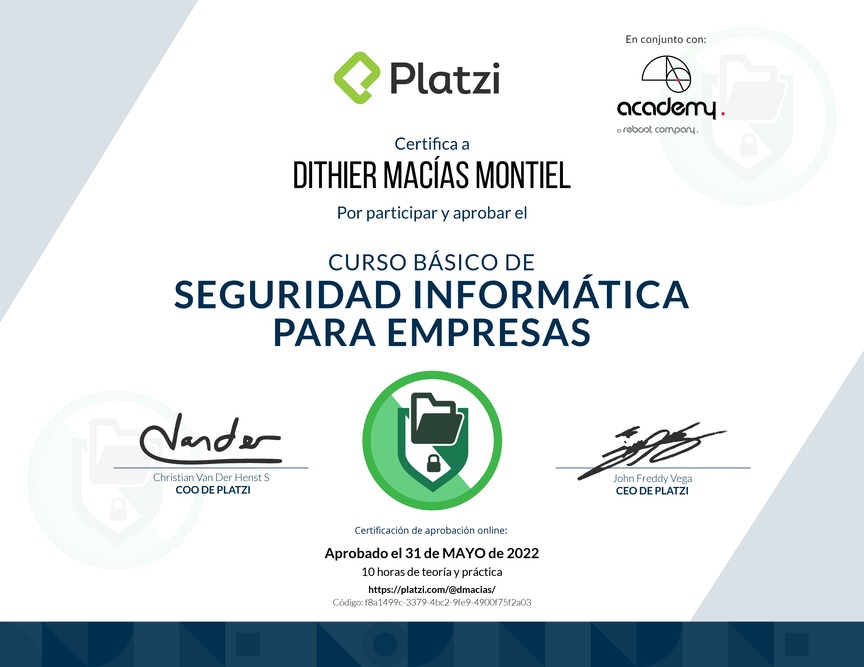 Diploma del Curso Básico de Seguridad Informática para Empresas
