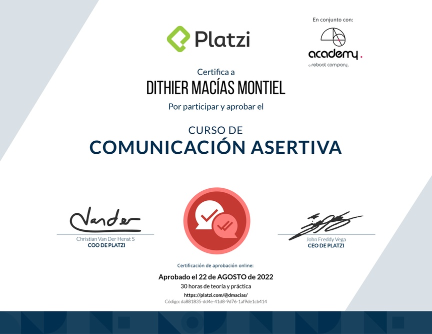 Diploma del Curso de Comunicación Asertiva para la Vida Personal y Profesional (2021)