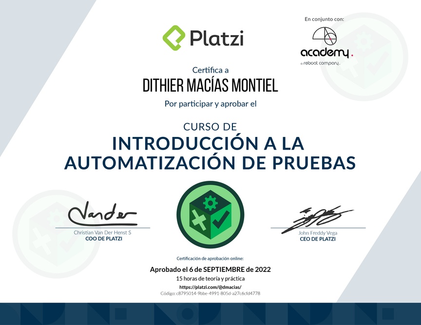 Diploma del Curso de Introducción a la Automatización de Pruebas