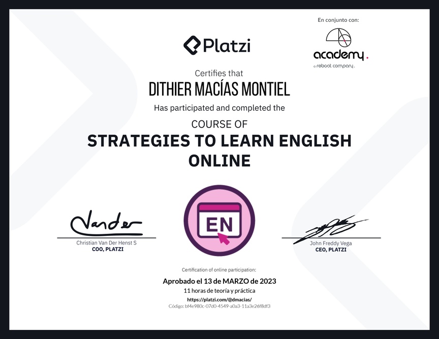 Diploma del Curso Gratis de Estrategias para Aprender Inglés en Línea