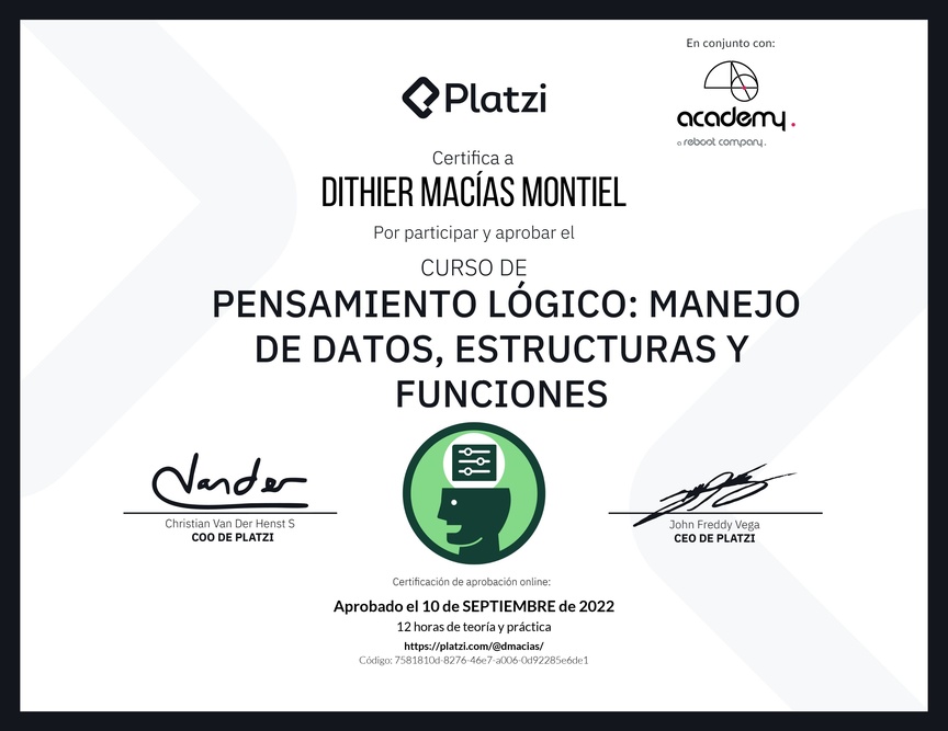 Diploma del Curso de Pensamiento Lógico: Manejo de Datos, Estructuras y Funciones