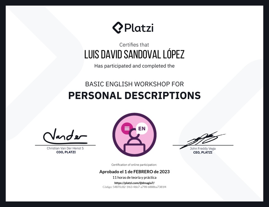 Diploma del Curso de Inglés Práctico para Descripciones Personales (2020=