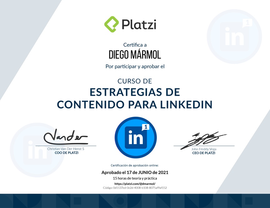 Diploma del Curso de Estrategias de Contenido para LinkedIn