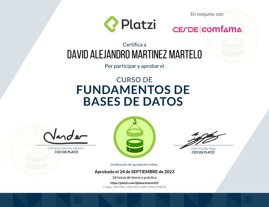 Diploma del Curso de Fundamentos de Bases de Datos 2019