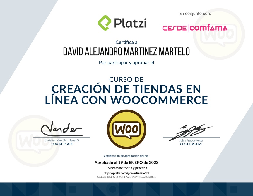 Diploma del Curso de Creación de Tiendas en Línea con WooCommerce