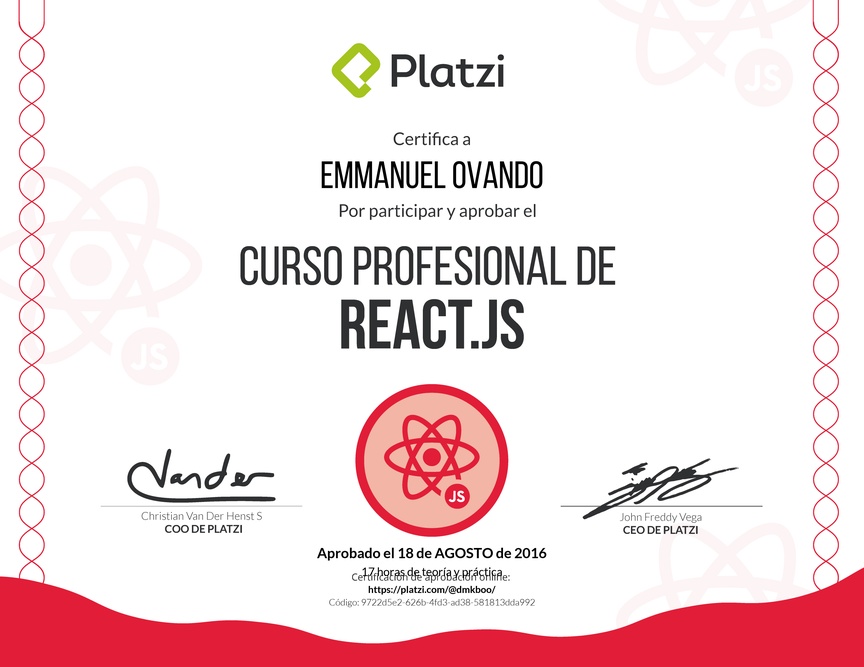 Diploma del Curso Profesional de React.js 2017