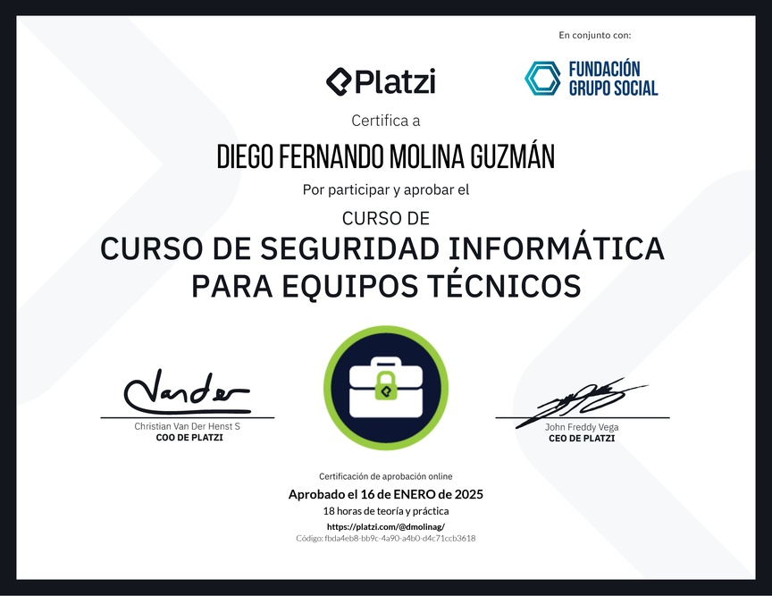 Diploma del Curso de Seguridad Informática para Equipos Técnicos