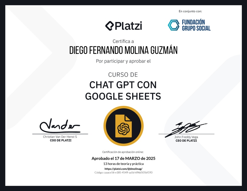 Diploma del Curso de ChatGPT con Google Sheets