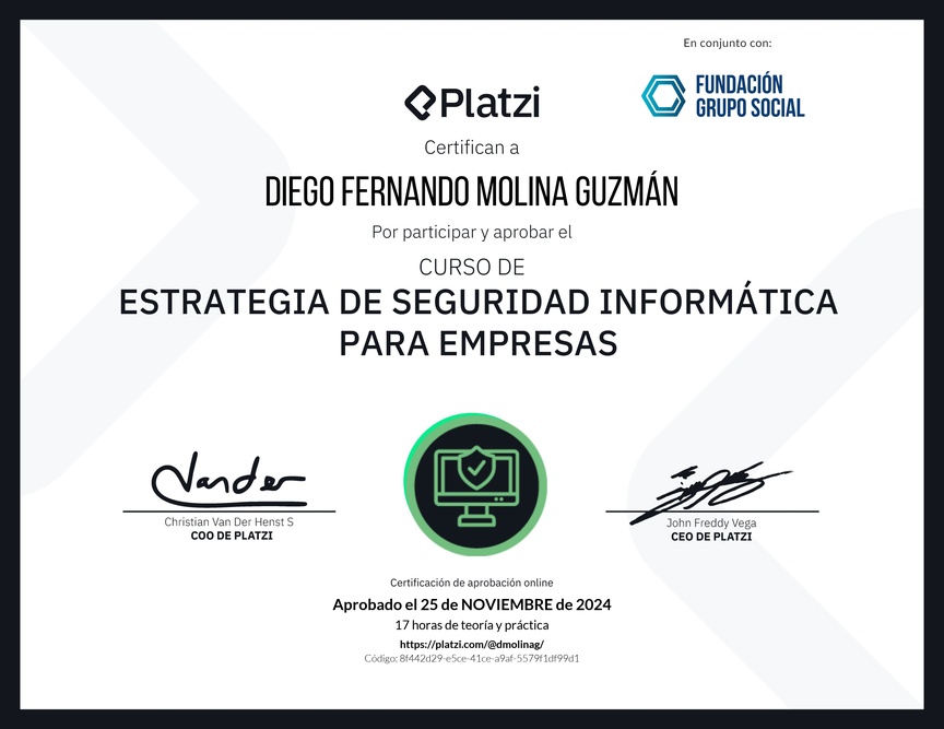 Diploma del Curso de Estrategia de Seguridad Informática para Empresas