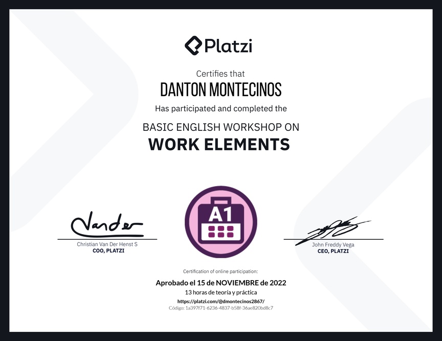 Diploma del Curso de Inglés Práctico sobre Elementos de Trabajo