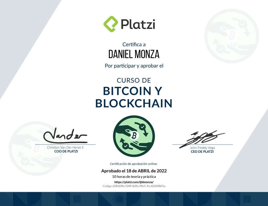 Diploma del Curso de Bitcoin y Blockchain