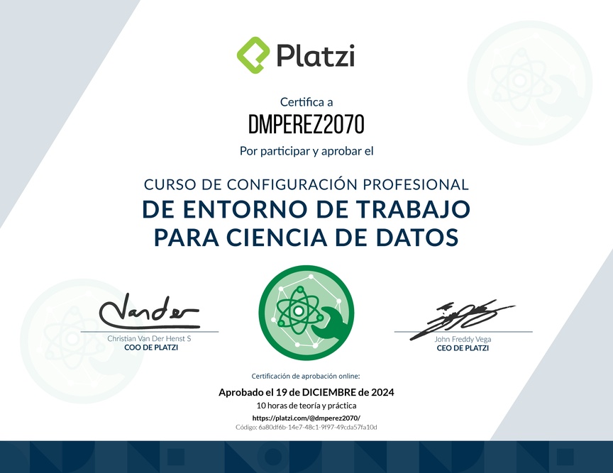 Diploma del Curso de Configuración Profesional de Entorno de Trabajo para Ciencia de Datos