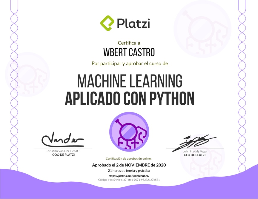 Diploma del Curso de Machine Learning Aplicado con Python