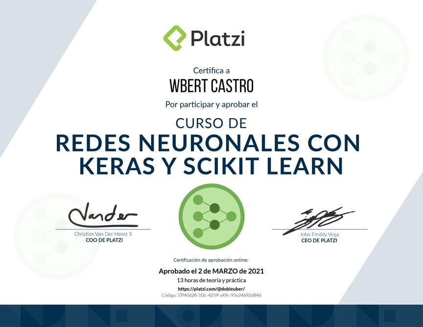 Diploma del Curso de Redes Neuronales en Keras y Scikit-Learn 2019