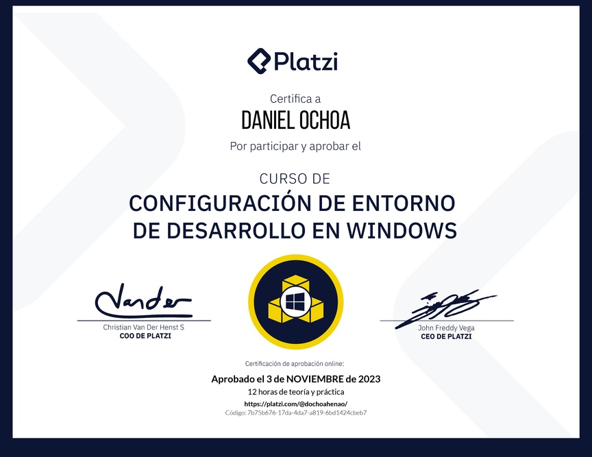 Diploma del Curso de Configuración de Entorno de Desarrollo en Windows