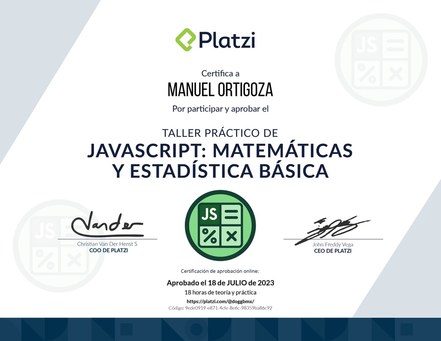 Diploma de Taller Práctico de JavaScript: Matemáticas y Estadística Básica
