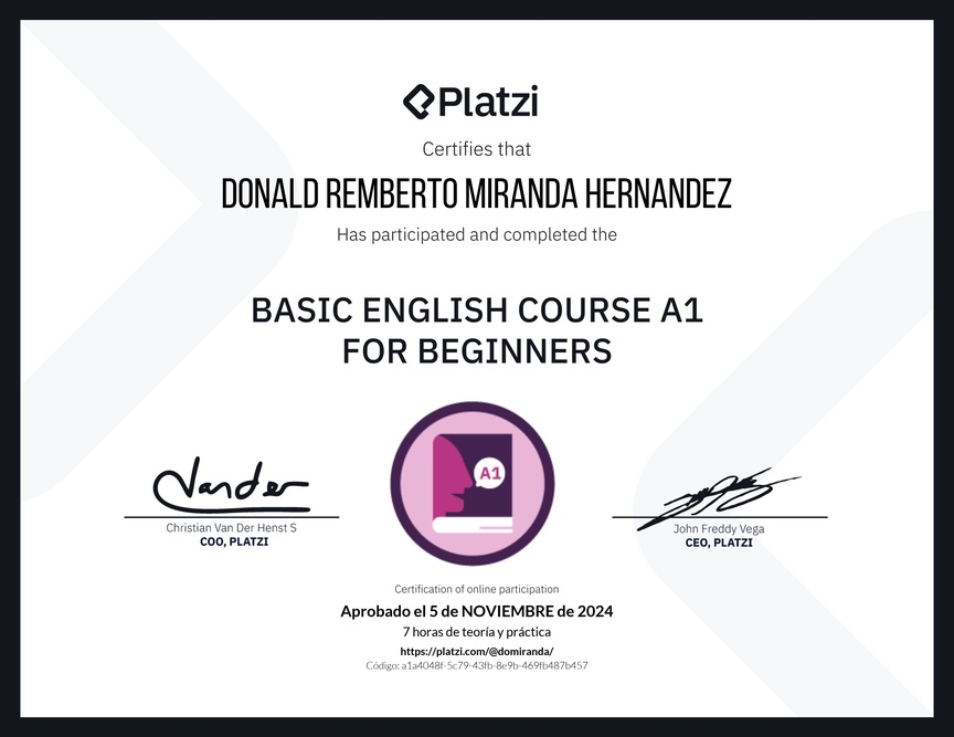 Diploma del Curso de Inglés Básico A1 para Principiantes
