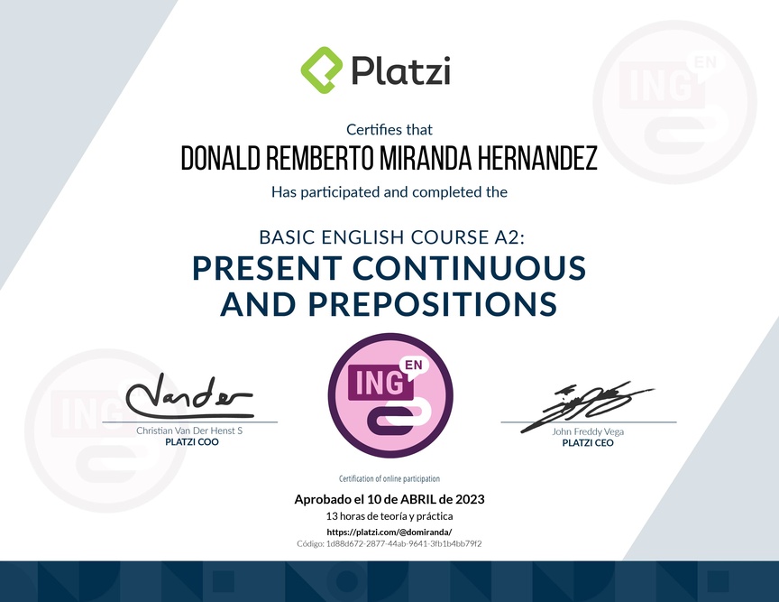 Diploma del Curso de Inglés Básico A2: Preposiciones y Presente Continuo (2021)