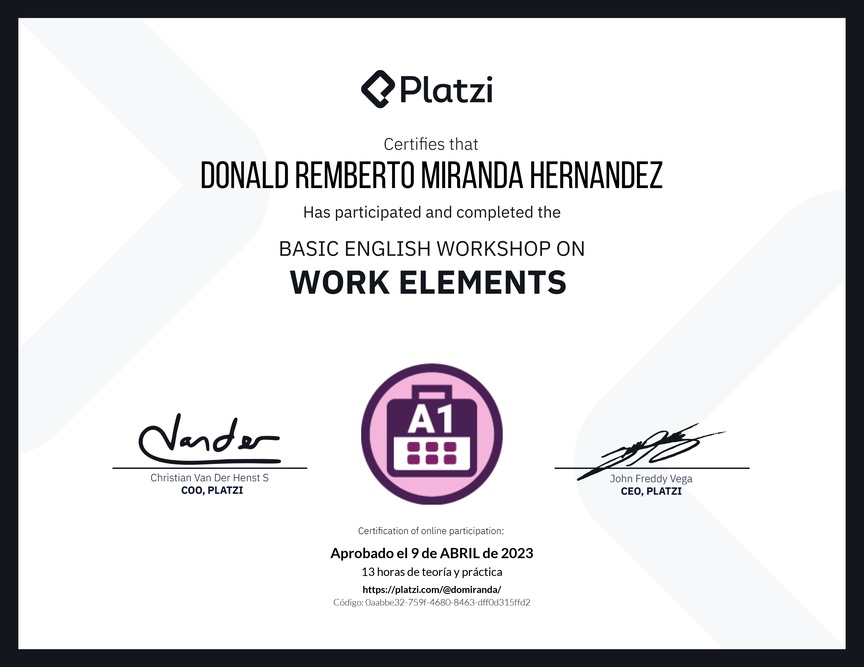Diploma del Curso de Inglés Práctico sobre Elementos de Trabajo