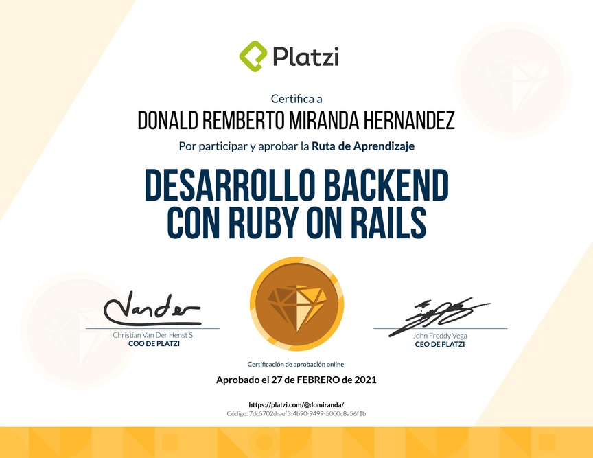 Diploma de la Ruta de Aprendizaje de Desarrollo Web Backend con Ruby on Rails