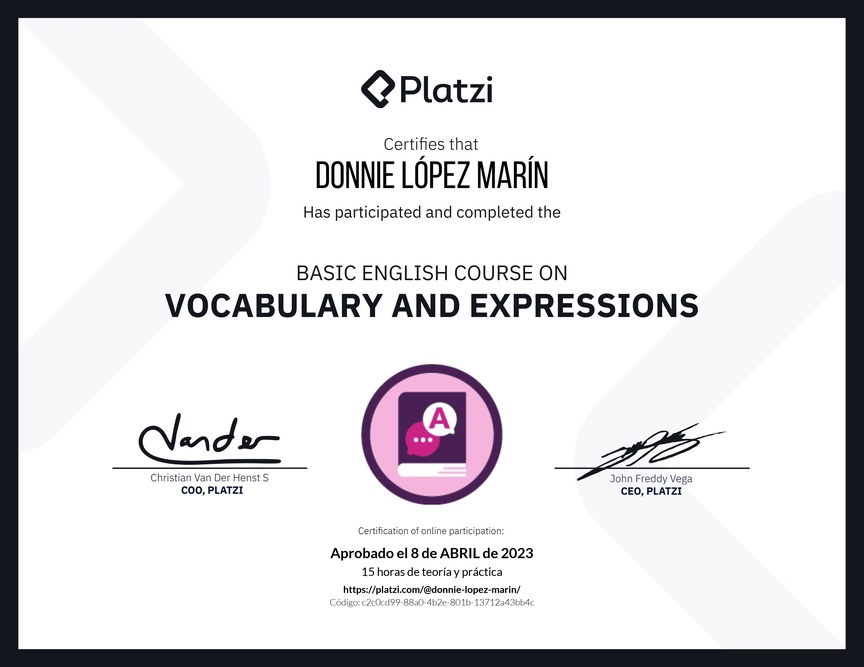 Diploma del Curso Básico de Vocabulario y Expresiones en Inglés