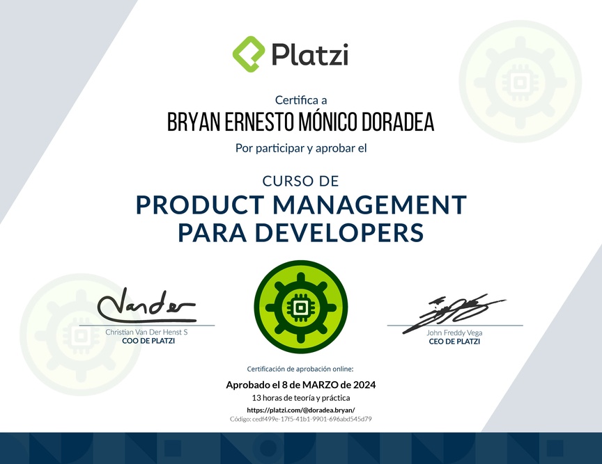 Diploma del Curso de Product Management para Developers