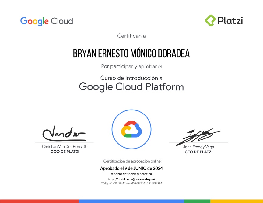 Diploma del Curso de Introducción a Google Cloud Platform