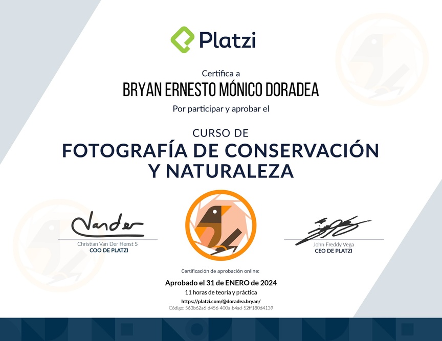 Diploma del Curso de Fotografía de Conservación y Naturaleza