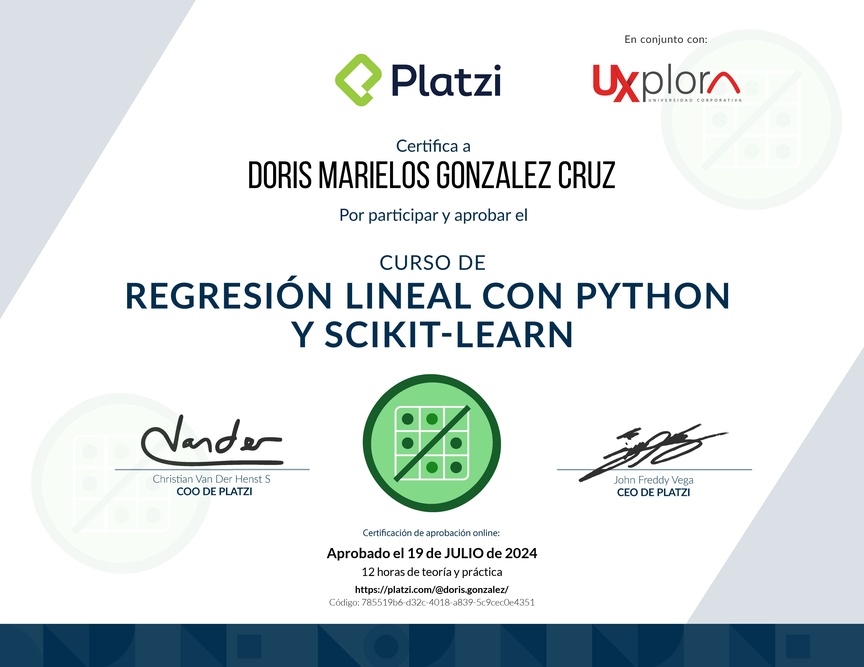 Diploma del Curso de Regresión Lineal con Python y scikit-learn
