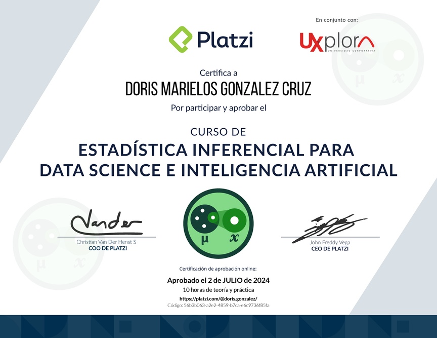 Diploma del Curso de Estadística Inferencial para Data Science e Inteligencia Artificial