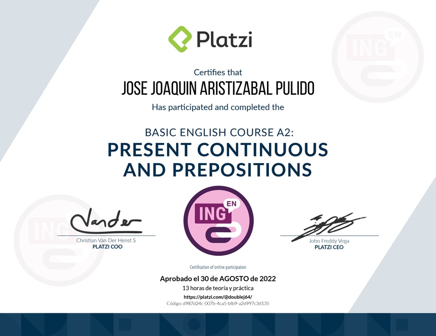 Diploma del Curso de Inglés Básico A2: Preposiciones y Presente Continuo (2021)