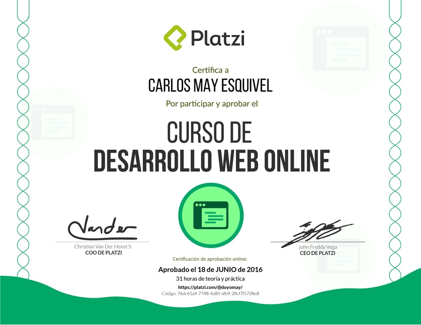 Diploma del Curso de Desarrollo Web Online 2016