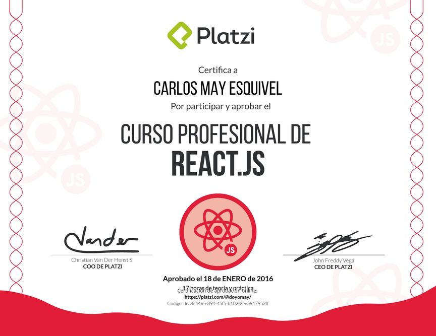 Diploma del Curso Profesional de React.js 2017