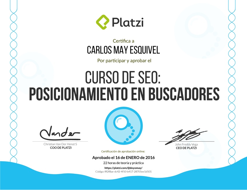 Diploma del Curso de SEO: Posicionamiento en buscadores 2016
