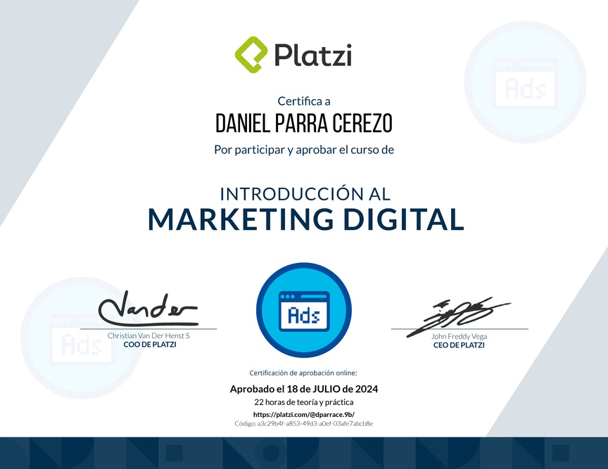 Diploma del Curso de Introducción al Marketing Digital (2022)
