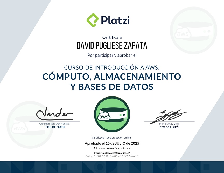 Diploma del Curso de Introducción a AWS: Cómputo, Almacenamiento y Bases de Datos
