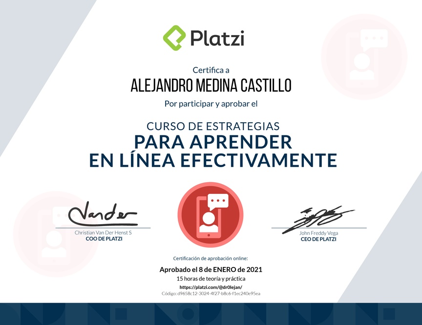 Diploma del Curso de Estrategias para Aprender en Línea Efectivamente 2019
