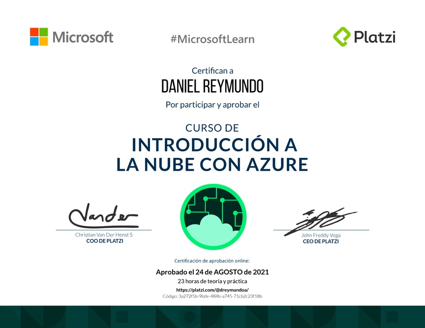 Diploma del Curso de Introducción a la Nube con Azure