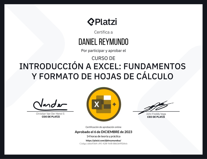 Diploma del Curso de Introducción a Excel para Principiantes: Fundamentos y Formato de Hojas de Cálculo
