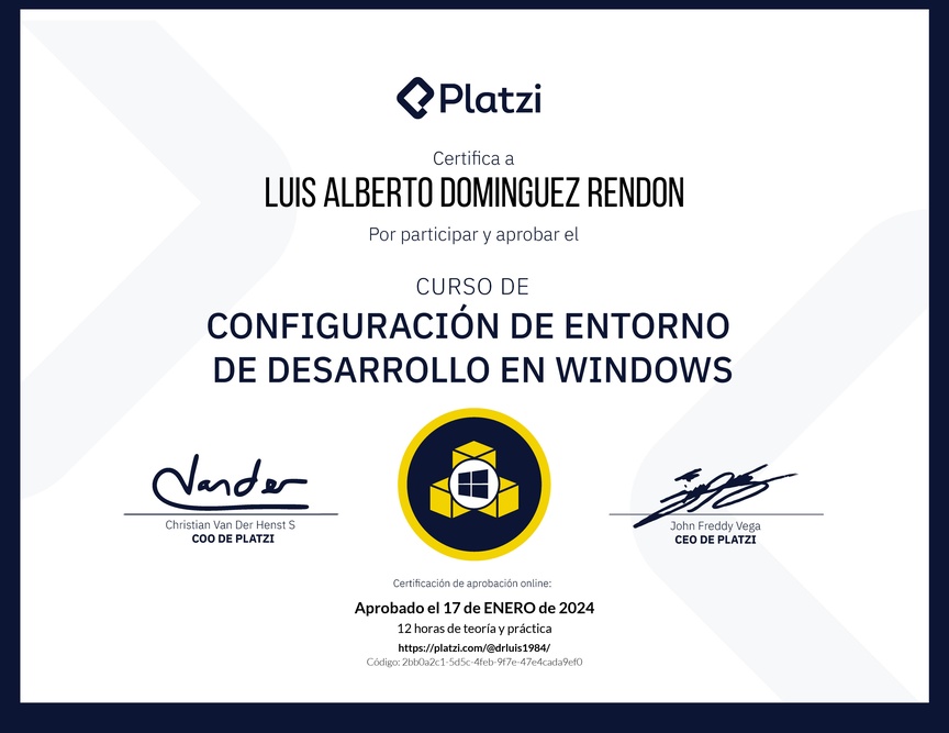 Diploma del Curso de Configuración de Entorno de Desarrollo en Windows