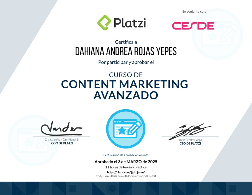 Diploma del Curso de Desarrollo de Estrategias de Content Marketing
